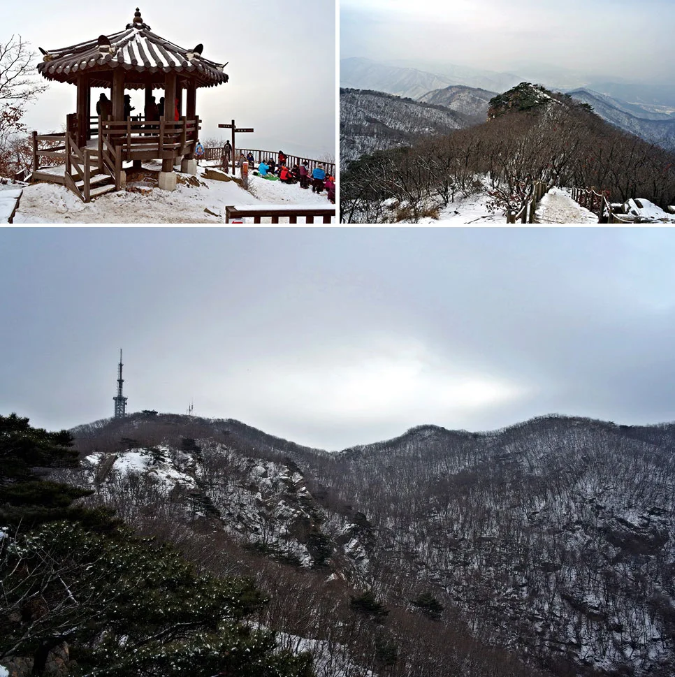 감악산 정자와 눈 쌓인 능선, 정상부를 묶은 사진 세 장
