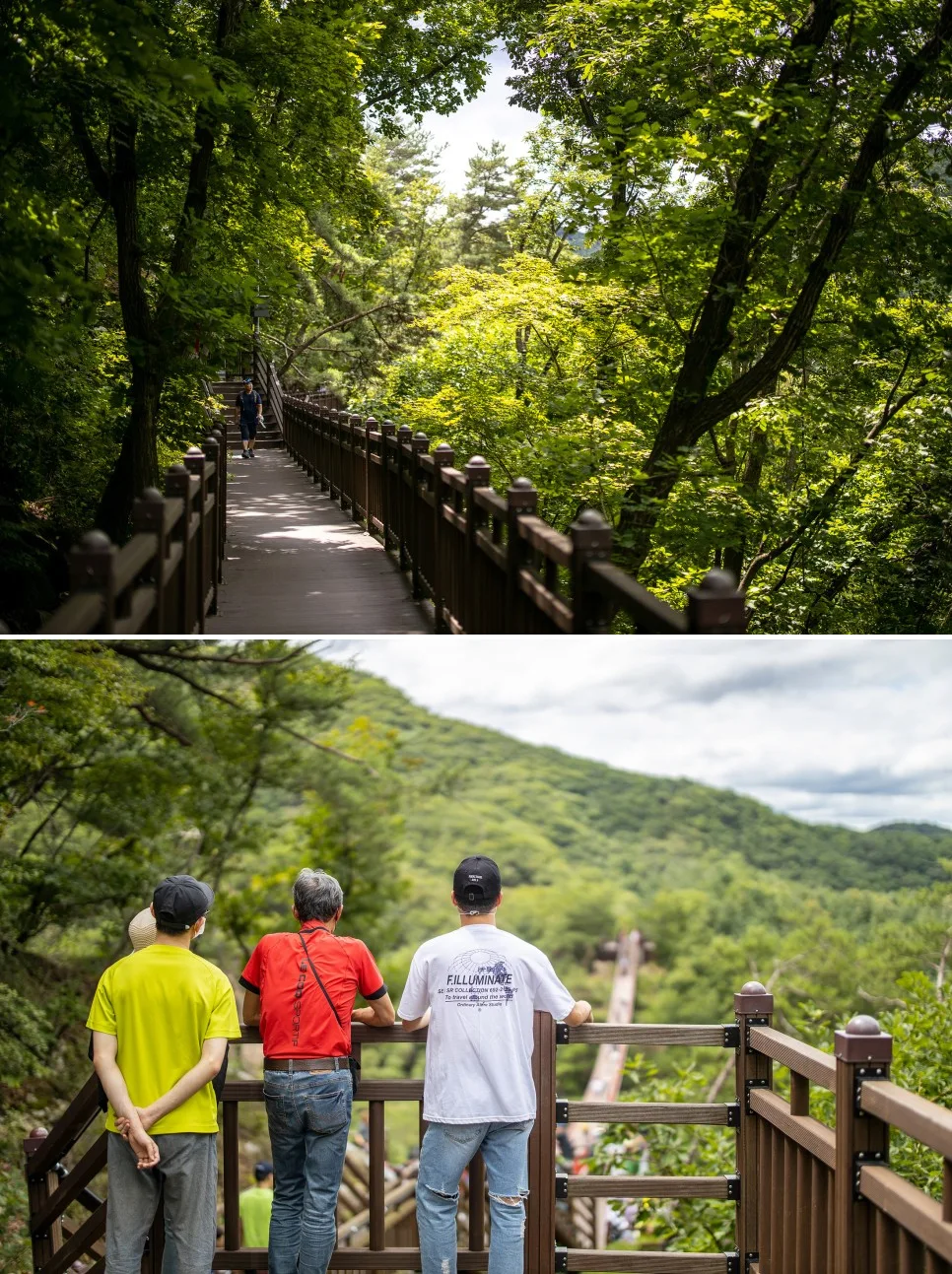 감악산 숲속 나무데크와 데크에서 산을 바라보는 방문객을 담은 사진 두 장