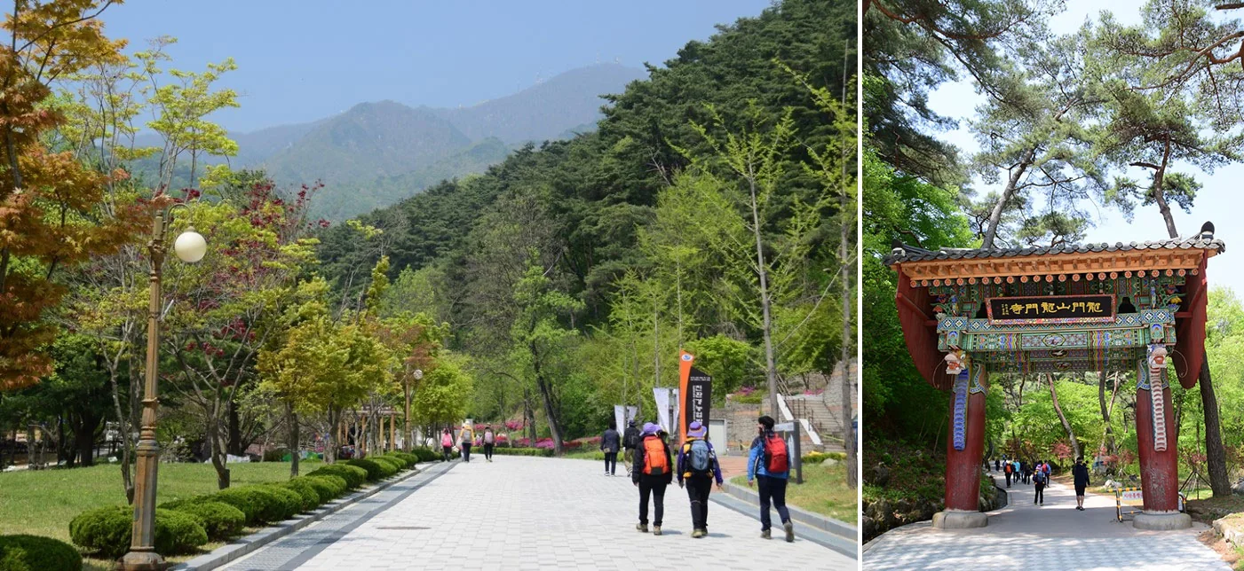 용문사로 향하는 길과 용문사 일주문을 나란히 담은 사진